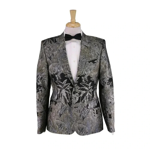 New! Garcons Infideles Black Palm Trees Glitter Jacquard Dinner Jacket Blazer 40 - Picture 1 of 8